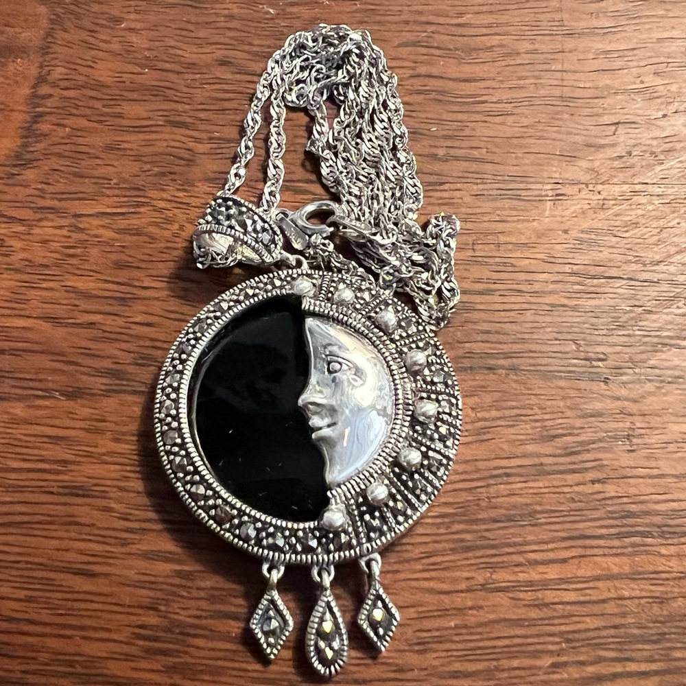Vintage Sterling Silver Onyx Marcasite Moon Face Pendant Necklace